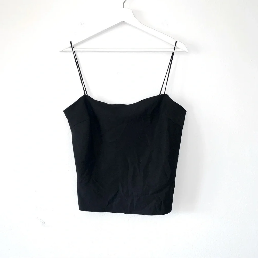 Milly Spaghetti Strap Cropped Satin Camisole in black size large - Picture 2 of 5